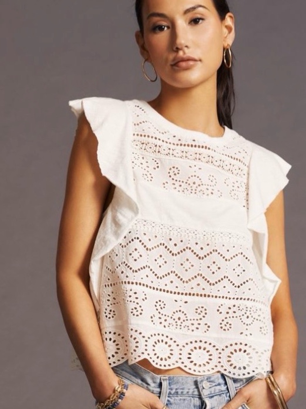 Anthropologie White Eyelet Lace Flutter Sleeve Camisole